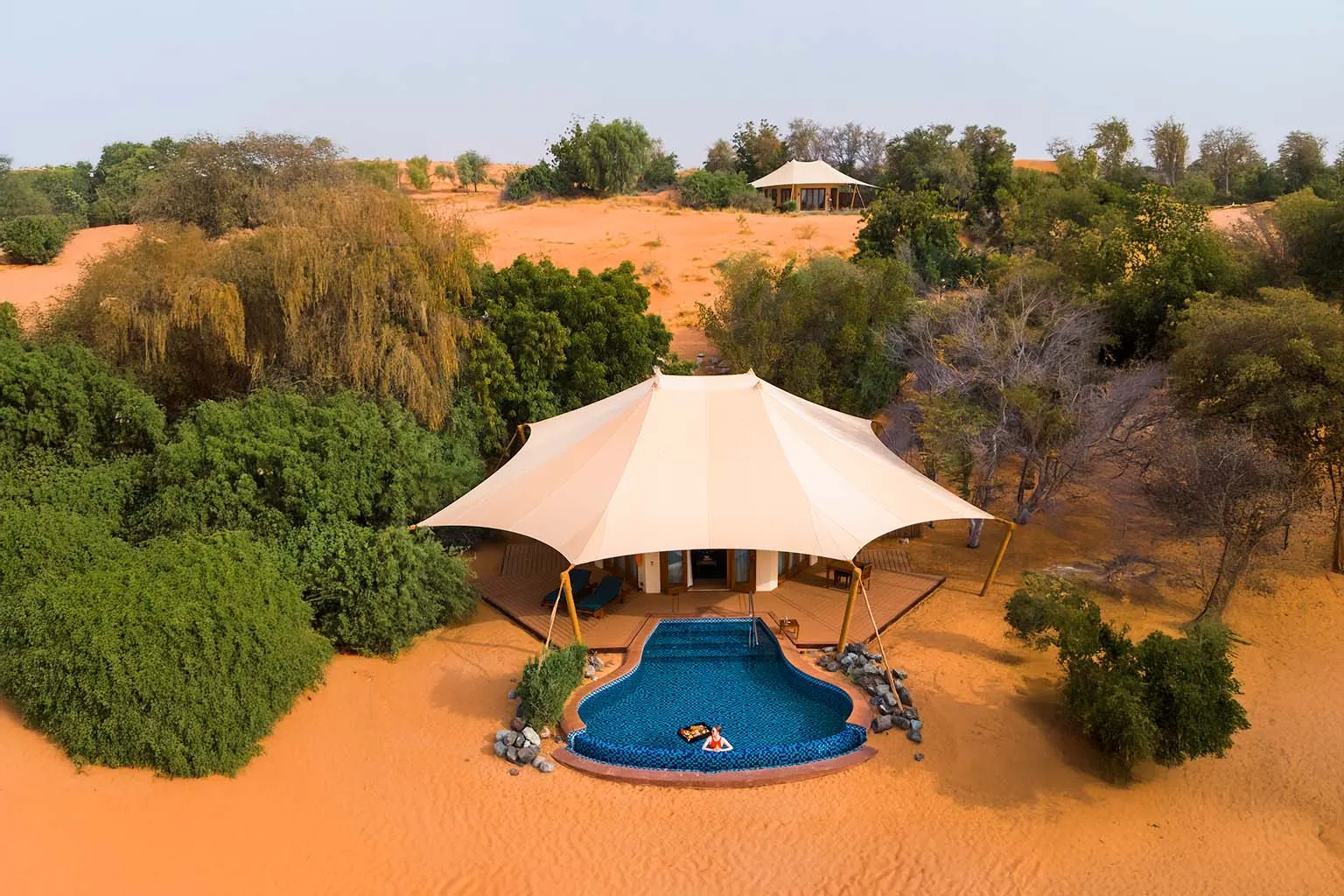 A tented suite and its private pool at Al Maha, in the Dubai Desert Conservation Reserve
